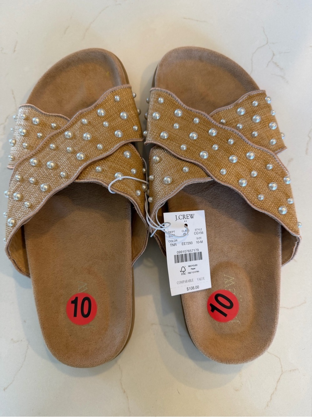 NWT J. Crew Factory Scalloped Slide Sandal Textile Flocking Pearls / 10